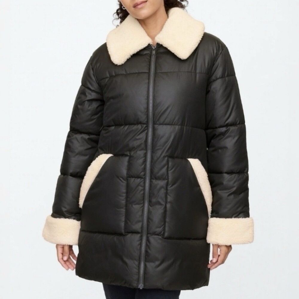 GAP Sherpa Trim Long Puffer Jacket Black Womens Large Faux Shearling NWT